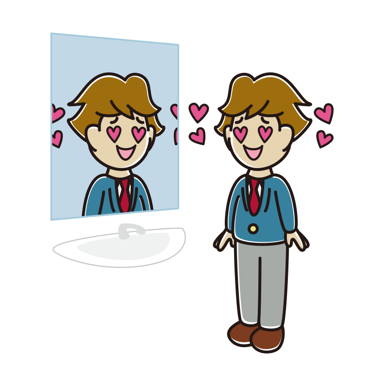 鏡を見て目がハートになる男子高校生のイラスト【色あり、背景なし】透過PNG