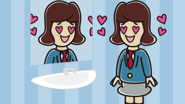 鏡を見て目がハートになる女子高校生のイラスト【色、背景あり】PNG