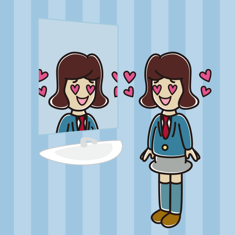 鏡を見て目がハートになる女子高校生のイラスト【色、背景あり】PNG