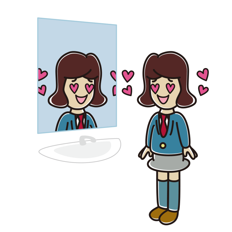 鏡を見て目がハートになる女子高校生のイラスト【色あり、背景なし】透過PNG