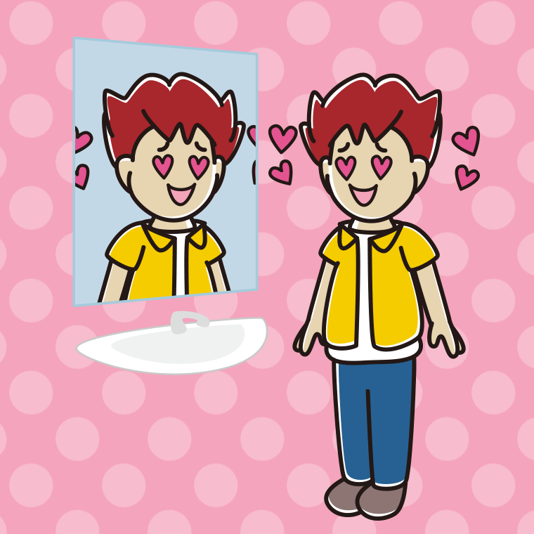 鏡を見て目がハートになる男子大学生のイラスト【色、背景あり】PNG