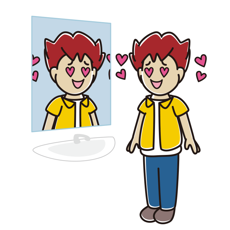 鏡を見て目がハートになる男子大学生のイラスト【色あり、背景なし】透過PNG