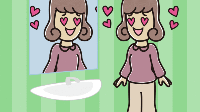 鏡を見て目がハートになる女子大学生のイラスト【色あり、背景なし】透過PNG