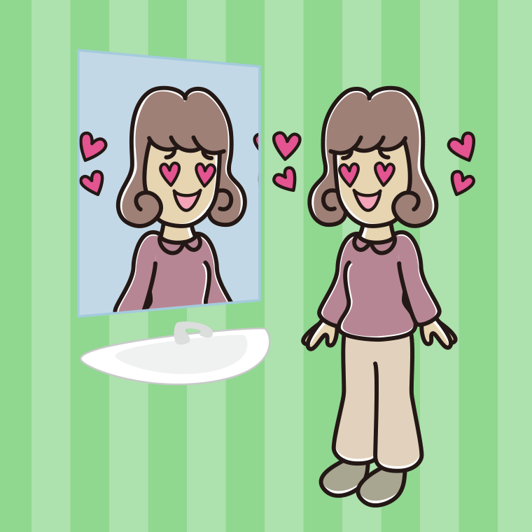 鏡を見て目がハートになる女子大学生のイラスト【色、背景あり】PNG