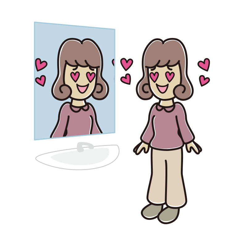 鏡を見て目がハートになる女子大学生のイラスト【色あり、背景なし】透過PNG
