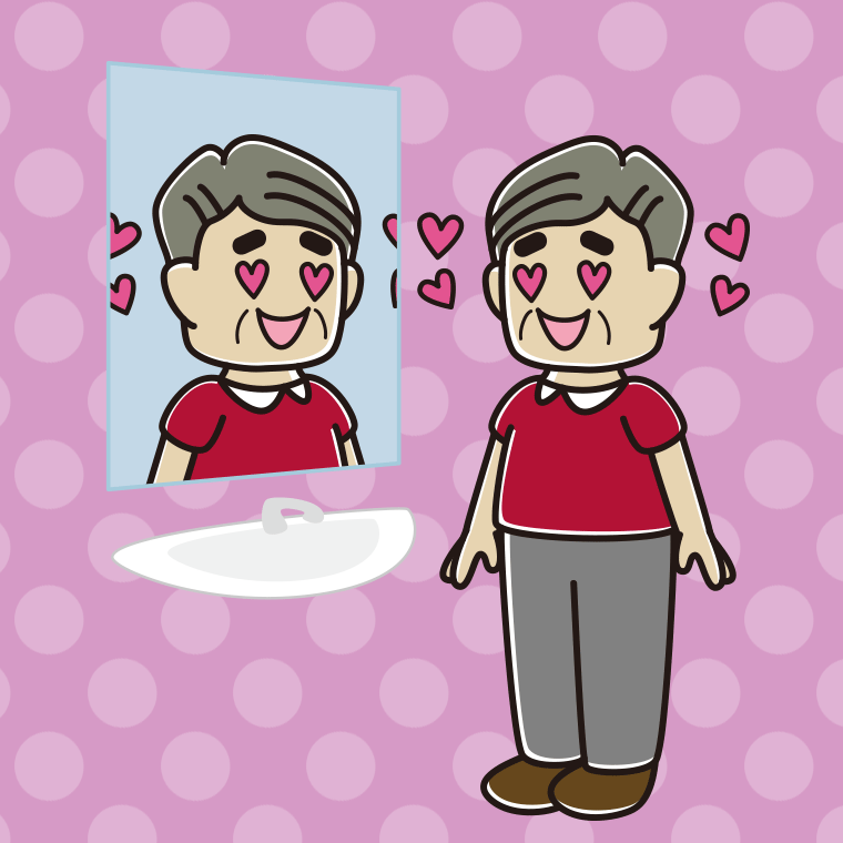 鏡を見て目がハートになるおじさんのイラスト【色、背景あり】PNG