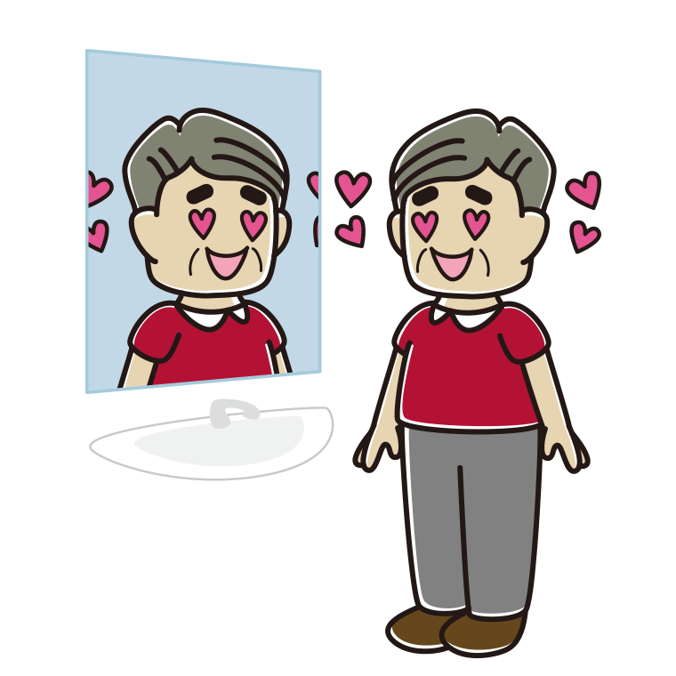 鏡を見て目がハートになるおじさんのイラスト【色あり、背景なし】透過PNG