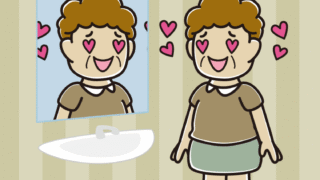 鏡を見て目がハートになるおばさんのイラスト【色、背景あり】PNG