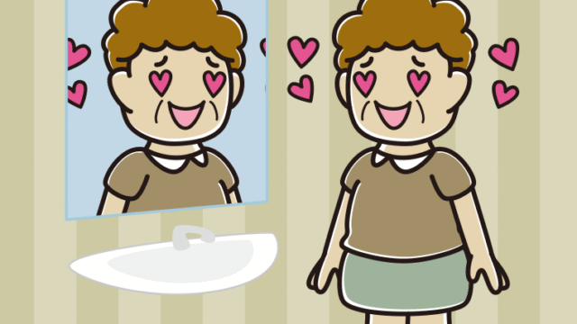 鏡を見て目がハートになるおばさんのイラスト【色、背景あり】PNG