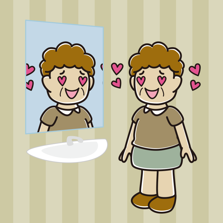 鏡を見て目がハートになるおばさんのイラスト【色、背景あり】PNG