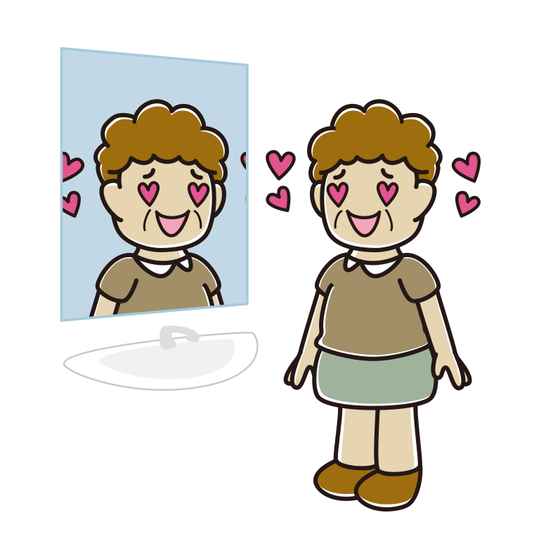 鏡を見て目がハートになるおばさんのイラスト【色あり、背景なし】透過PNG