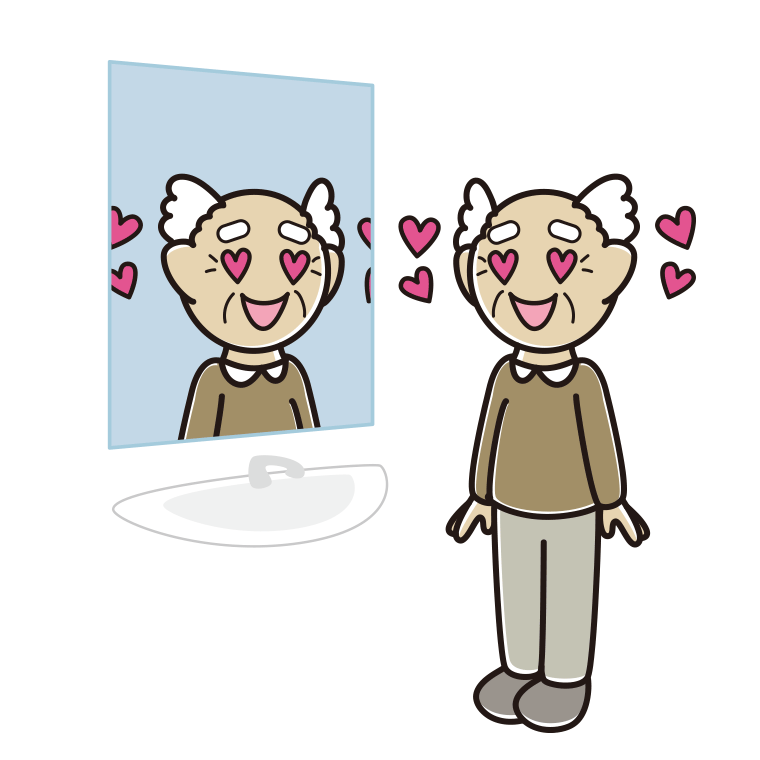 鏡を見て目がハートになるおじいさんのイラスト【色あり、背景なし】透過PNG