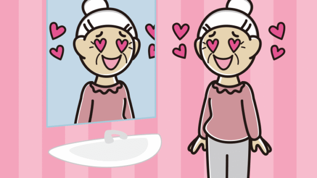 鏡を見て目がハートになるおばあさんのイラスト【色、背景あり】PNG