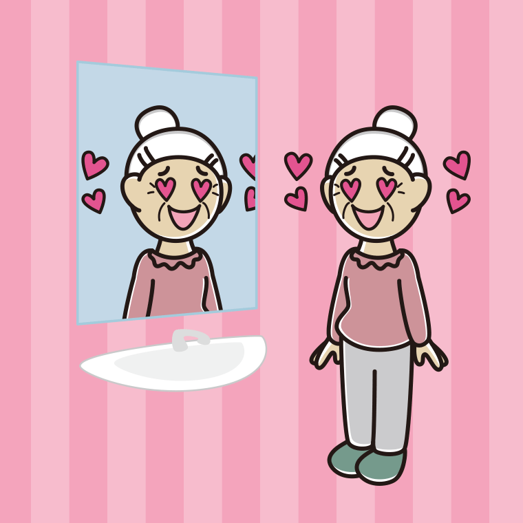 鏡を見て目がハートになるおばあさんのイラスト【色、背景あり】PNG