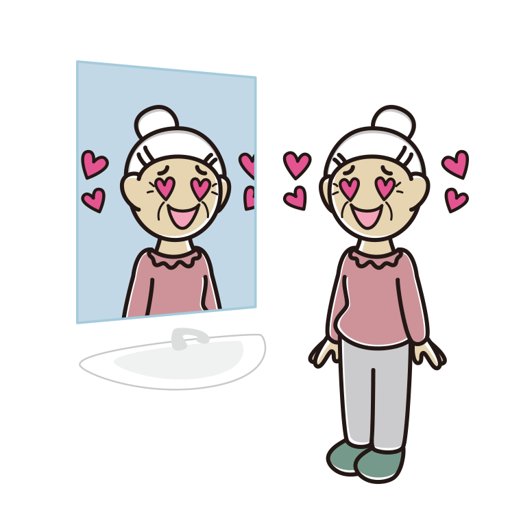 鏡を見て目がハートになるおばあさんのイラスト【色あり、背景なし】透過PNG