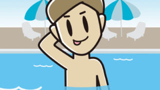 プールに入ってテヘヘな男性のイラスト【色、背景あり】PNG
