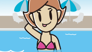 プールに入ってテヘヘな女性のイラスト【色、背景あり】PNG