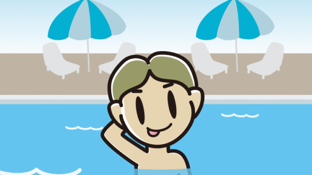 プールに入ってテヘヘな小学生男子のイラスト【色、背景あり】PNG