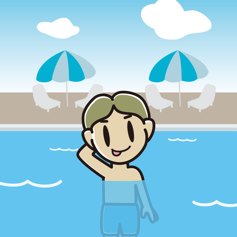 プールに入ってテヘヘな小学生男子のイラスト【色、背景あり】PNG