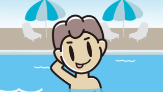 プールに入ってテヘヘな男子中学生のイラスト【色、背景あり】PNG