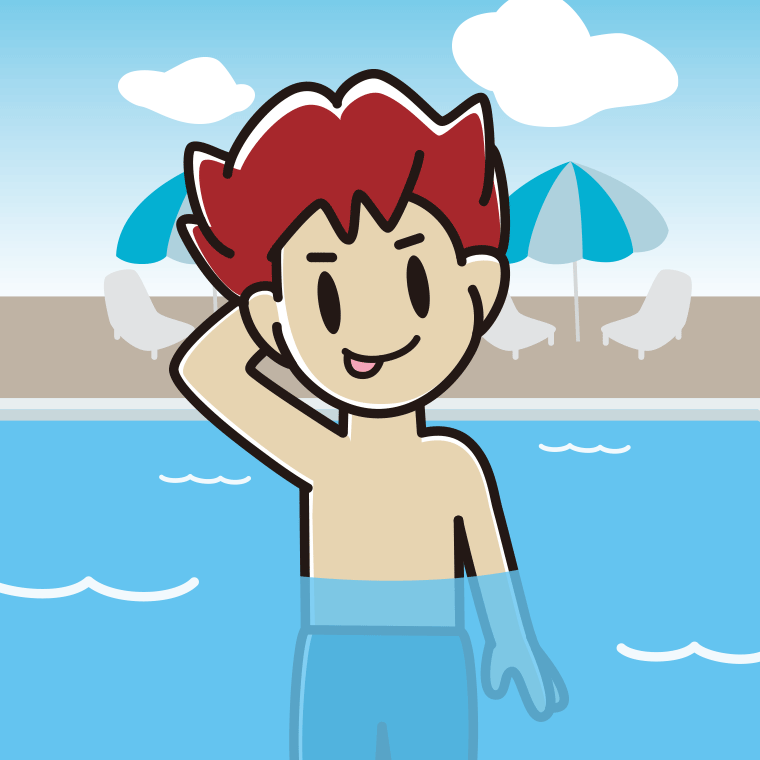 プールに入ってテヘヘな男子大学生のイラスト【色、背景あり】PNG