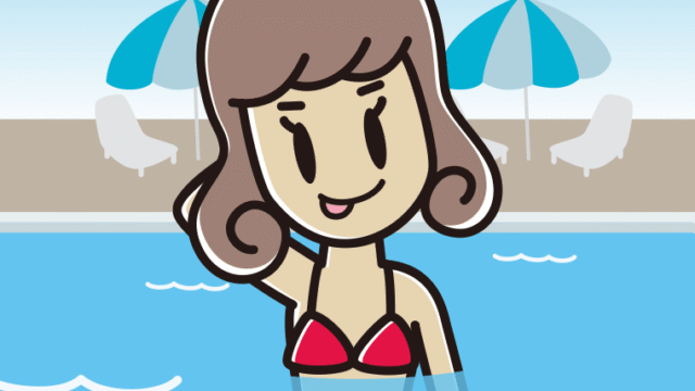 プールに入ってテヘヘな女子大学生のイラスト【色、背景あり】PNG