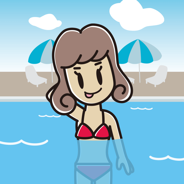 プールに入ってテヘヘな女子大学生のイラスト【色、背景あり】PNG