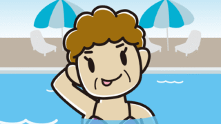 プールに入ってテヘヘなおばさんのイラスト【色、背景あり】PNG