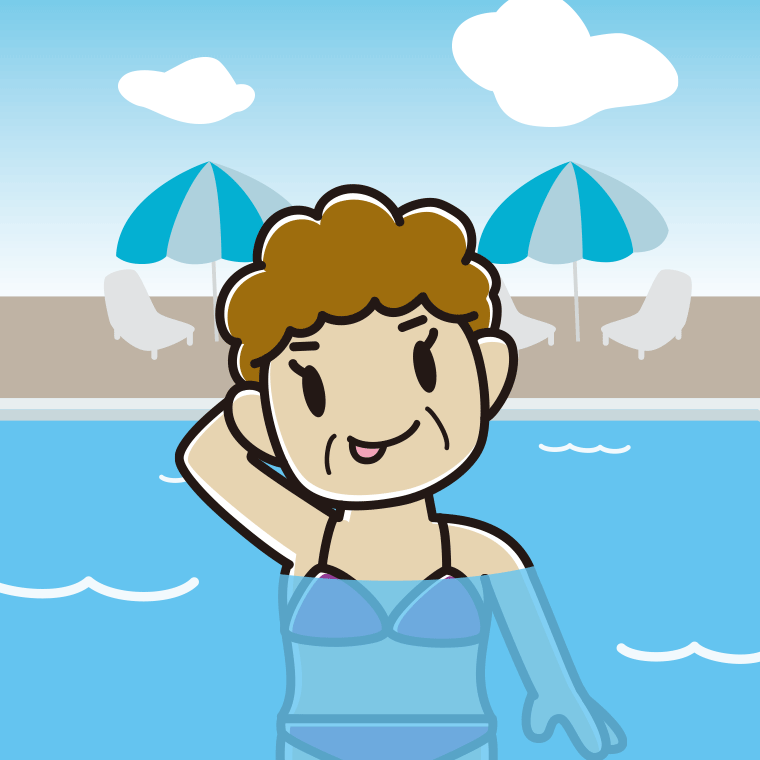 プールに入ってテヘヘなおばさんのイラスト【色、背景あり】PNG