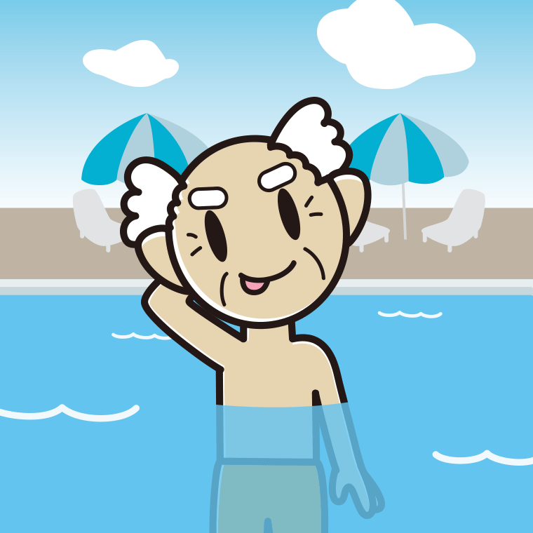 プールに入ってテヘヘなおじいさんのイラスト【色、背景あり】PNG