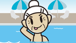 プールに入ってテヘヘなおばあさんのイラスト【色、背景あり】PNG