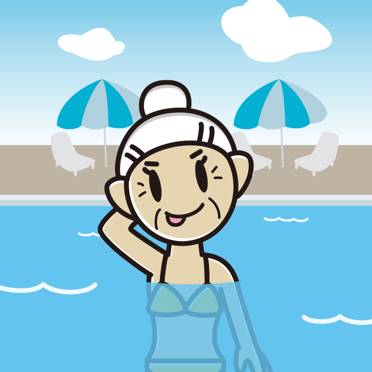 プールに入ってテヘヘなおばあさんのイラスト【色、背景あり】PNG