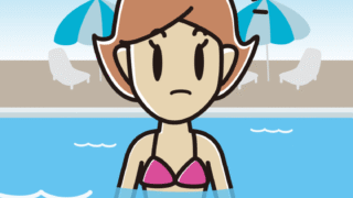 プールに入って何かに気付く女性のイラスト【色、背景あり】PNG