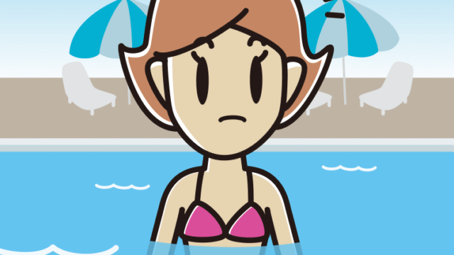 プールに入って何かに気付く女性のイラスト【色、背景あり】PNG