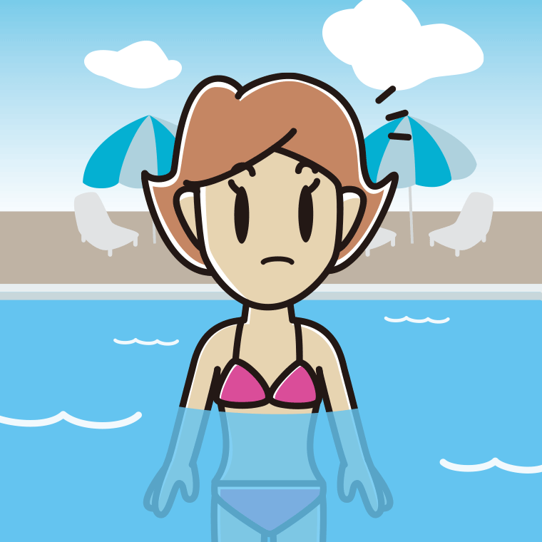 プールに入って何かに気付く女性のイラスト【色、背景あり】PNG