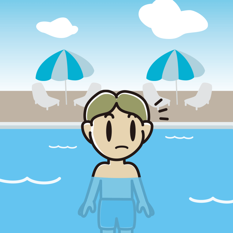 プールに入って何かに気付く小学生男子のイラスト【色、背景あり】PNG