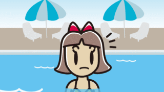 プールに入って何かに気付く小学生女子のイラスト【色、背景あり】PNG