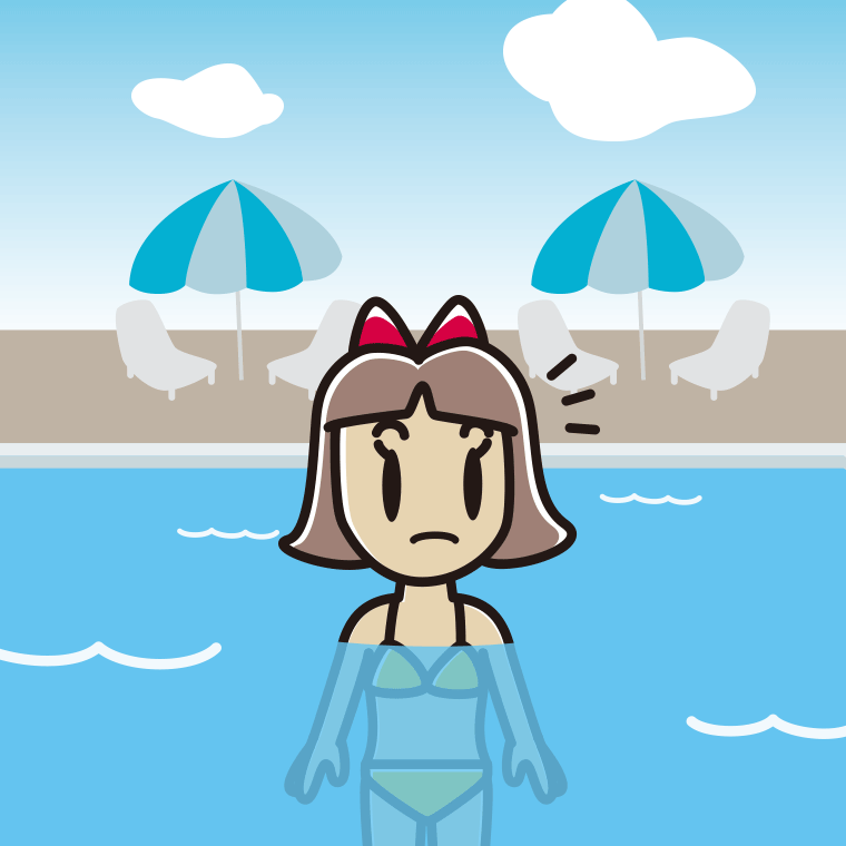 プールに入って何かに気付く小学生女子のイラスト【色、背景あり】PNG