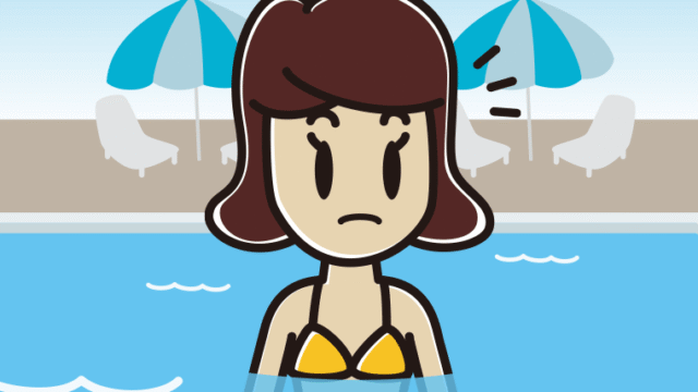 プールに入って何かに気付く女子高校生のイラスト【色、背景あり】PNG