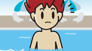 プールに入って何かに気付く男子大学生のイラスト【色、背景あり】PNG