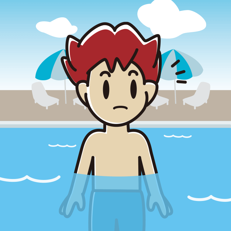 プールに入って何かに気付く男子大学生のイラスト【色、背景あり】PNG