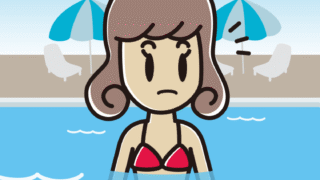 プールに入って何かに気付く女子大学生のイラスト【色、背景あり】PNG