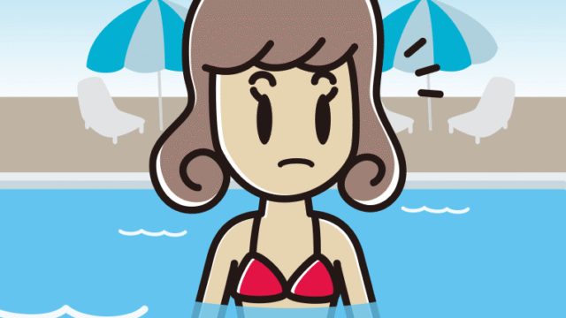 プールに入って何かに気付く女子大学生のイラスト【色、背景あり】PNG