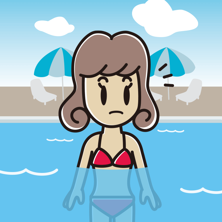 プールに入って何かに気付く女子大学生のイラスト【色、背景あり】PNG