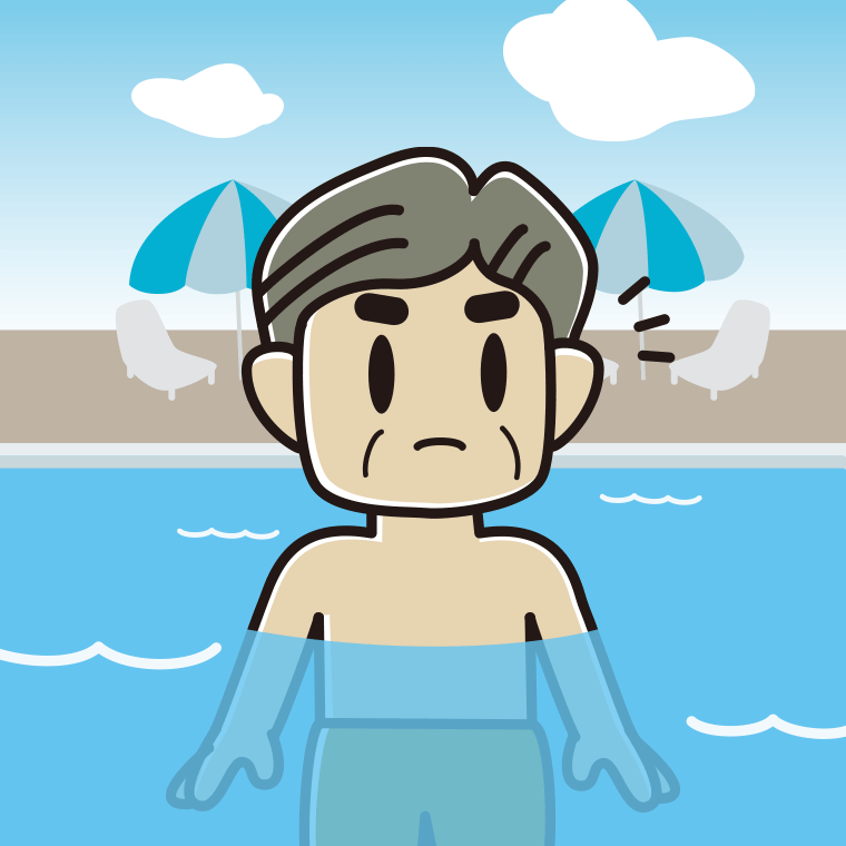 プールに入って何かに気付くおじさんのイラスト【色、背景あり】PNG
