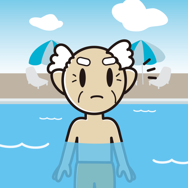 プールに入って何かに気付くおじいさんのイラスト【色、背景あり】PNG