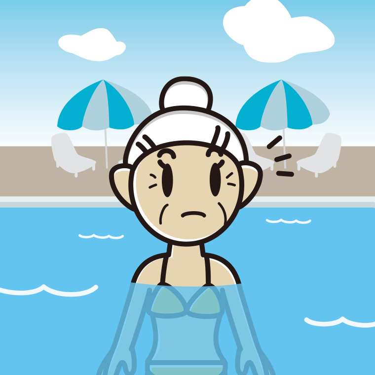 プールに入って何かに気付くおばあさんのイラスト【色、背景あり】PNG
