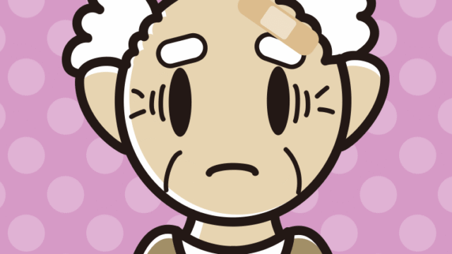 絆創膏を貼って困るおじいさんのイラスト【色、背景あり】PNG