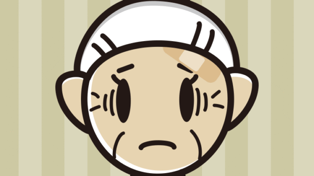 絆創膏を貼って困るおばあさんのイラスト【色、背景あり】PNG