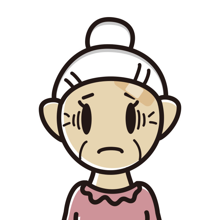 絆創膏を貼って困るおばあさんのイラスト【色あり、背景なし】透過PNG